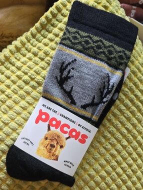 Pacas NWT Alpaca Grey & Black Deer Antler Pattern Socks MEN Heavy Crew SZ L  XL